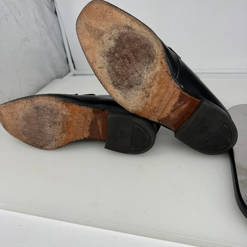 Vintage Florsheim Bit Loafers Men 9.5 D Black Leather Braided Strap Dress Shoes